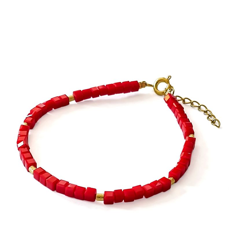 Pulsera Cubo Cristal Rojo Mostacilla Enchapado Oro 18k-1