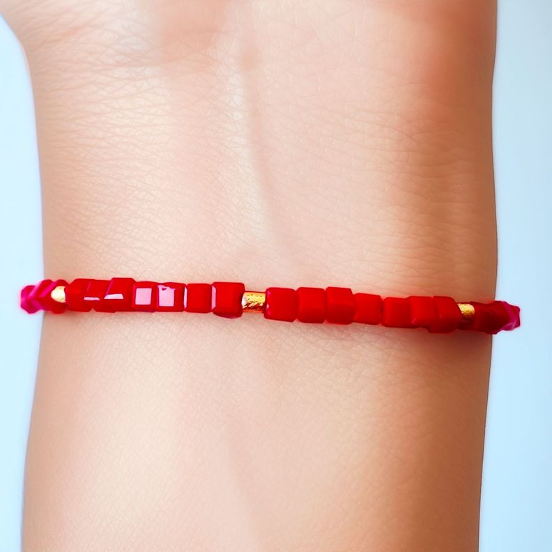 Pulsera Cubo Cristal Rojo Mostacilla Enchapado Oro 18k-2