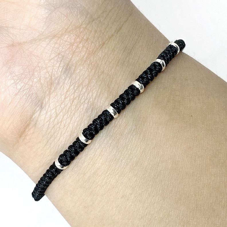 Pulsera 7 Arandelas Plata Fina 925 Cordón Negro-1