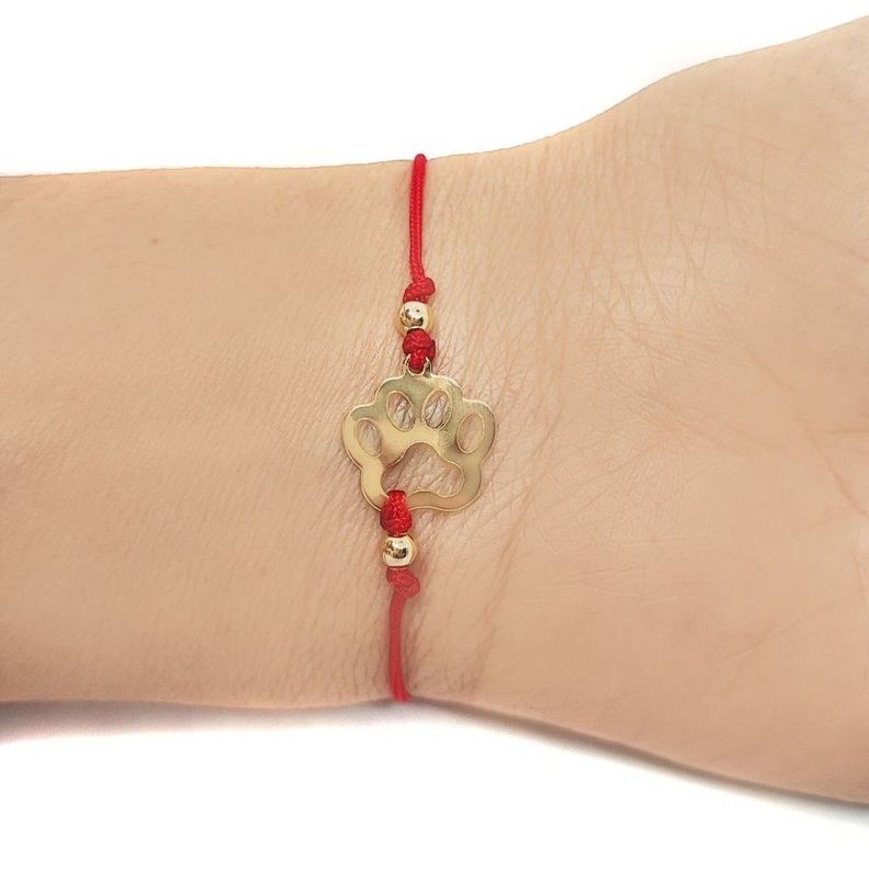 Pulsera Huella Perro Enchapado Oro 18K Cordón Rojo-2