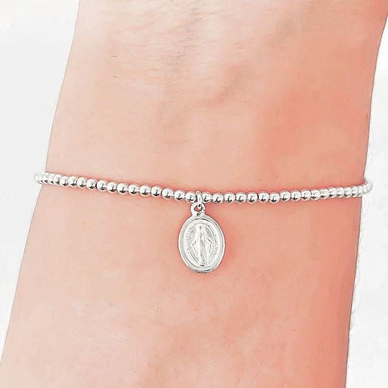 Pulsera Bolitas Virgen De Los Rayos Plata Fina 925-1