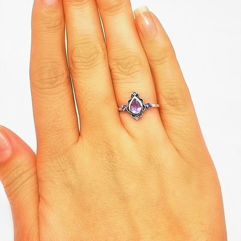 Anillo Loto Amatista Plata Fina 925 Envejecido-2