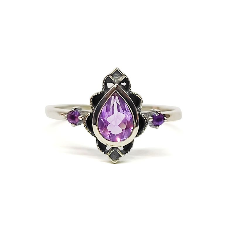 Anillo Loto Amatista Plata Fina 925 Envejecido-0