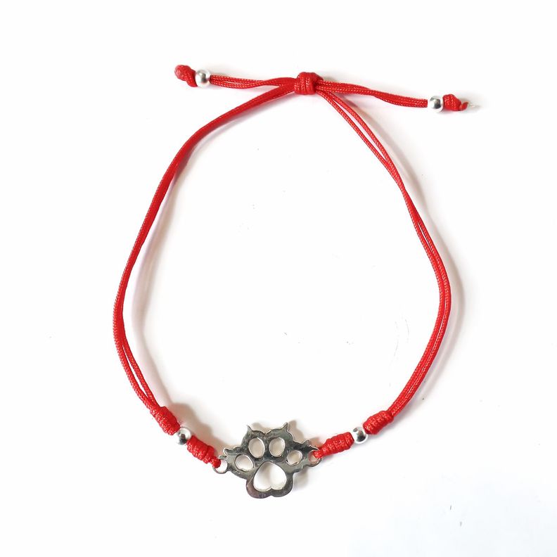 Pulsera Cordón Roja Huella Gato Plata Fina 925-0