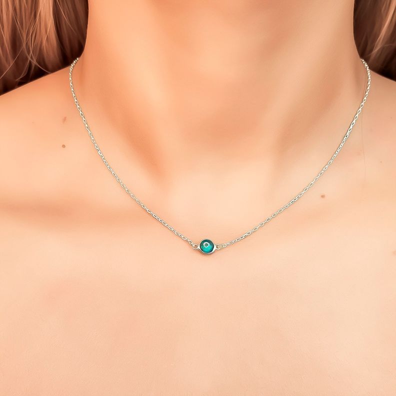 Collar Ojo Turco Celeste Cristal Cadena Eslabón Plata Fina 925-2