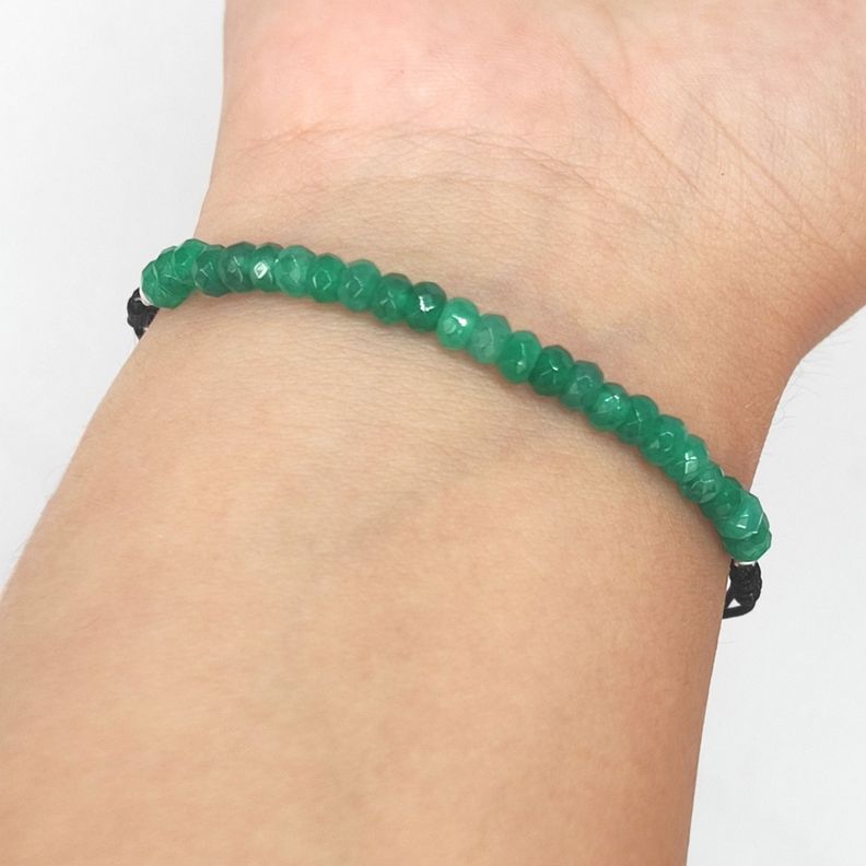 Pulsera Ónix Verde Facetada Cordón Negro Plata Fina 925-1
