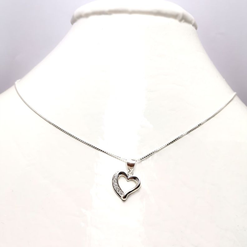 Collar Corazón Calado Circón 45cm Plata Fina 925-0
