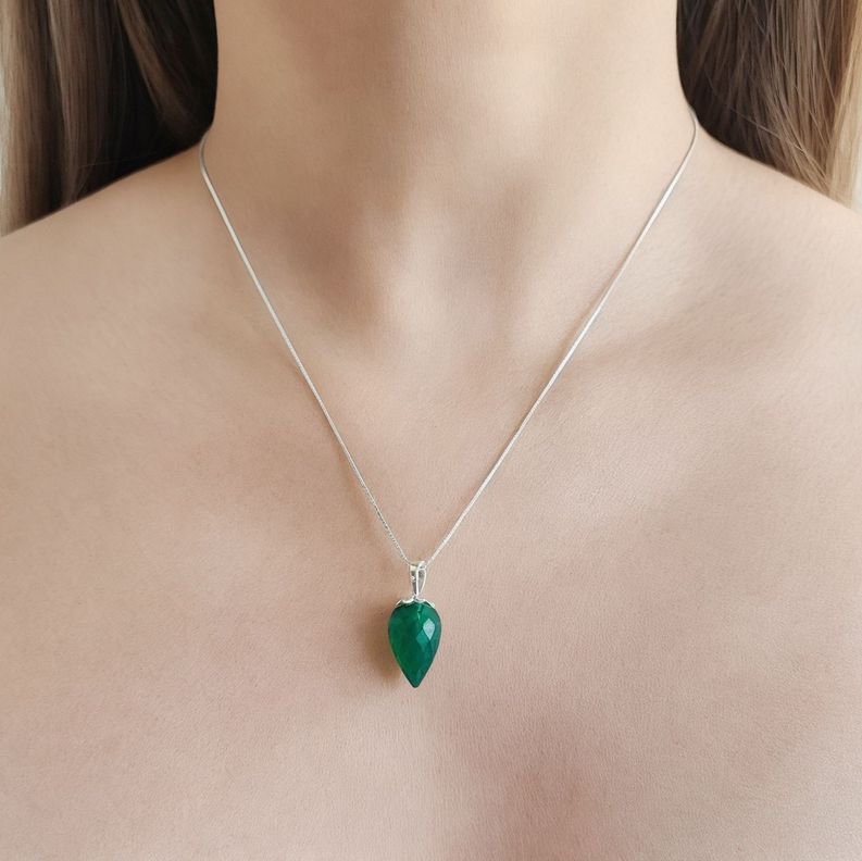 Collar Péndulo Facetado Ónix Verde Plata Fina 925-2