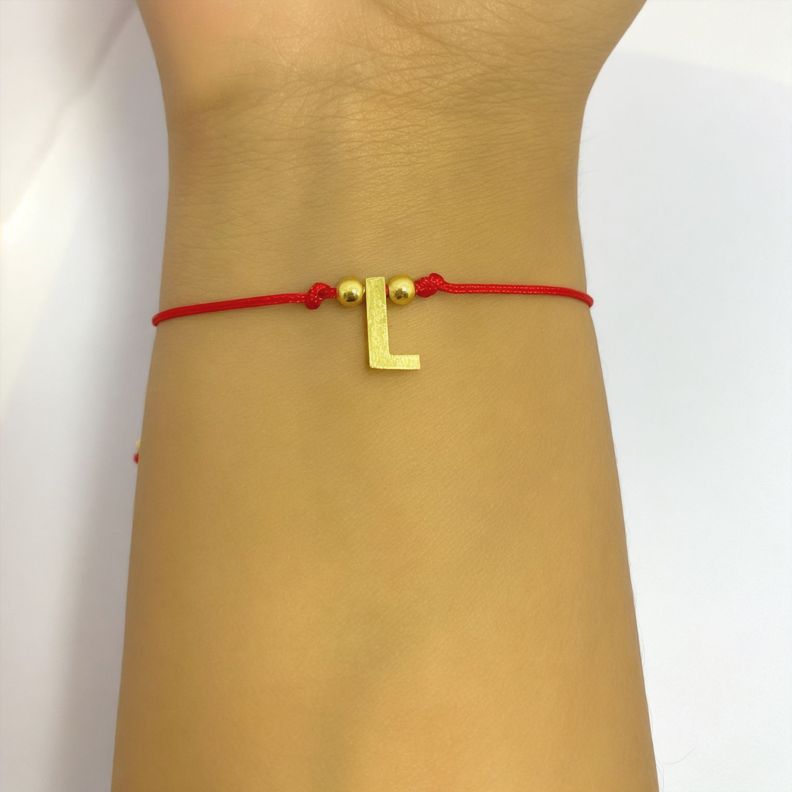 Pulsera Letra L Cordón Rojo Enchapado Oro 18K-3