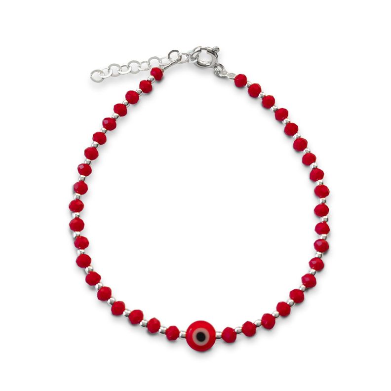 Pulsera Ojo Turco Cristal Rojo Bolitas Plata Fina 925-0