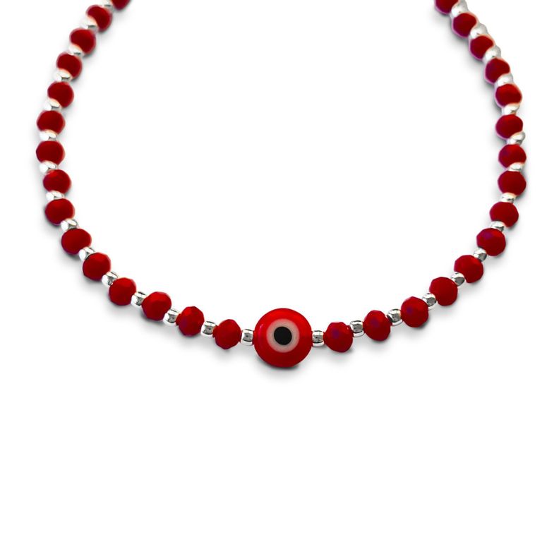 Pulsera Ojo Turco Cristal Rojo Bolitas Plata Fina 925-1