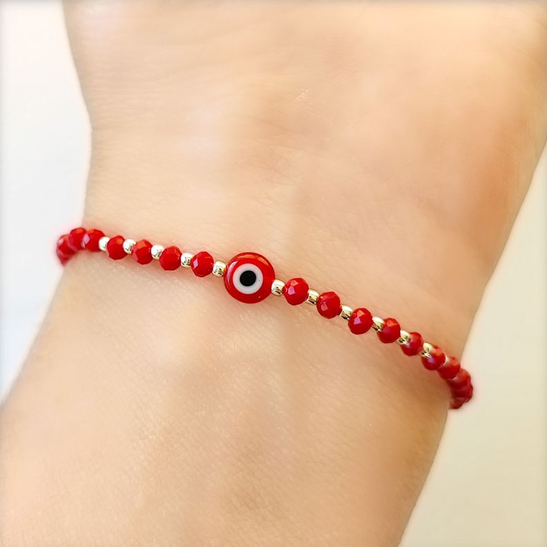 Pulsera Ojo Turco Cristal Rojo Bolitas Plata Fina 925-2
