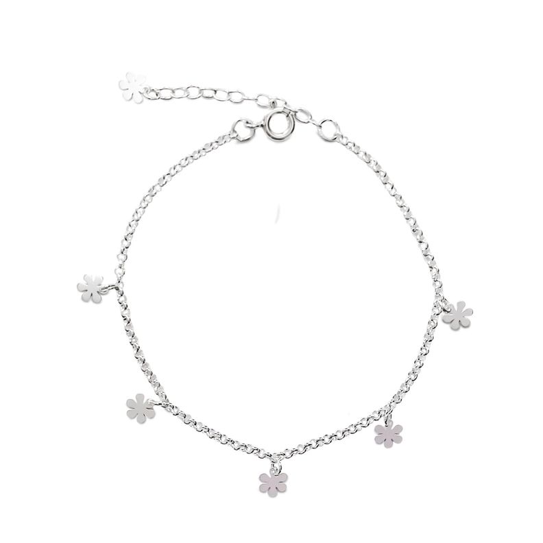 Pulsera 5 Flores Cadena Rolo Plata Fina 925 -0