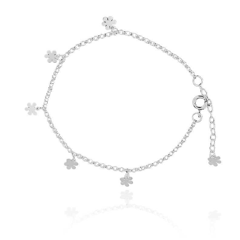Pulsera 5 Flores Cadena Rolo Plata Fina 925 -1