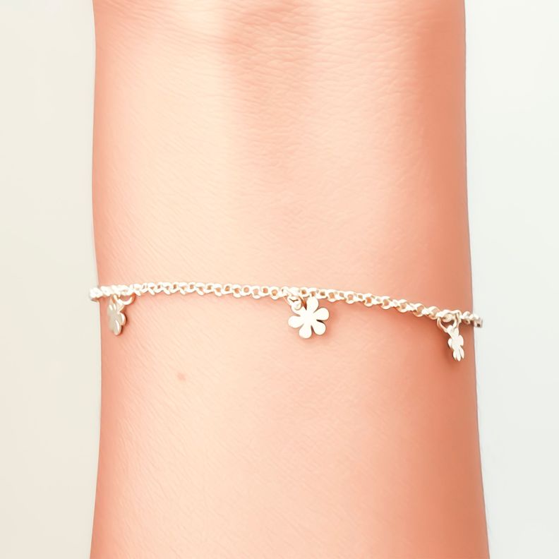 Pulsera 5 Flores Cadena Rolo Plata Fina 925 -2