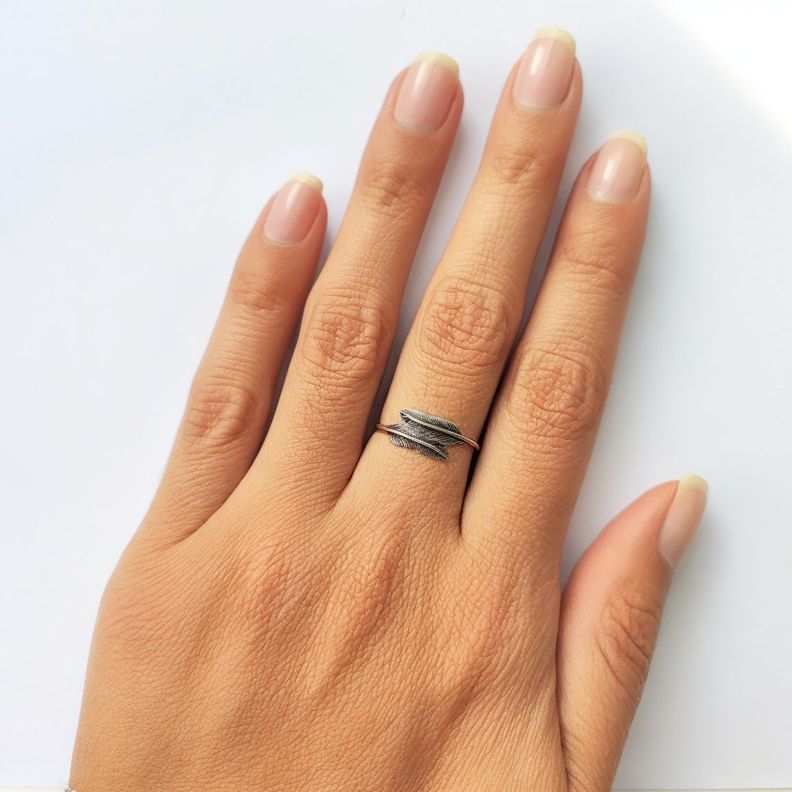 Anillo Dos Plumas #15 Plata Fina 925-2