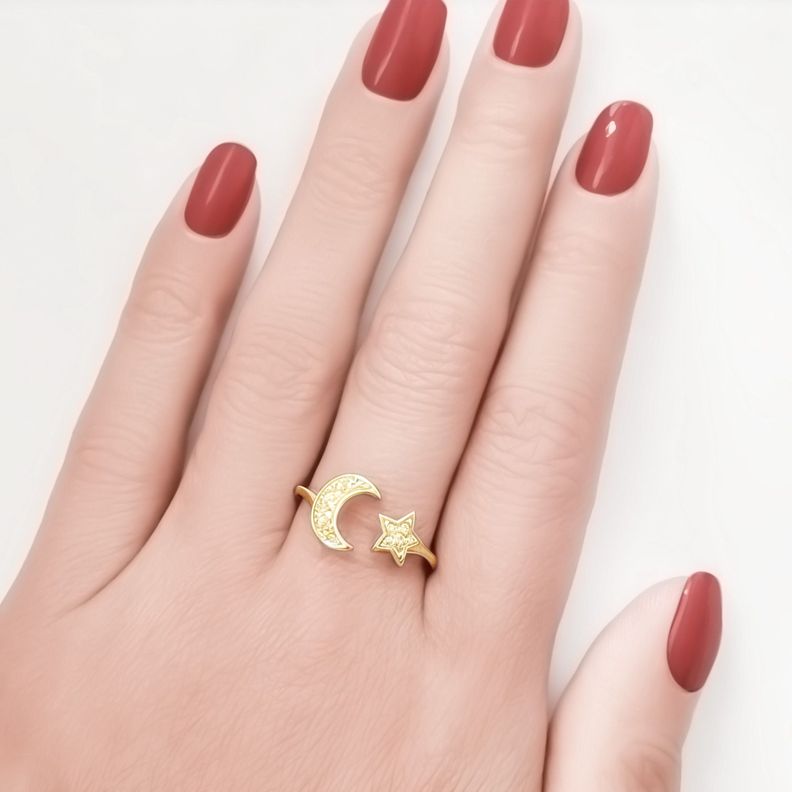 Anillo Luna Estrella Ajustable Circón Enchapado Oro 18K #19-2