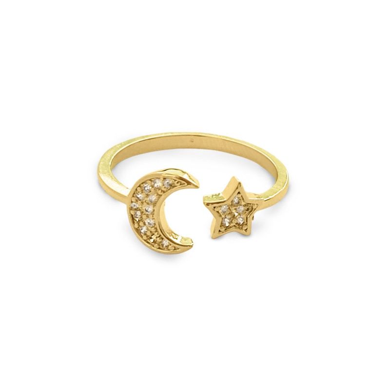 Anillo Luna Estrella Ajustable Circón Enchapado Oro 18K #19-0