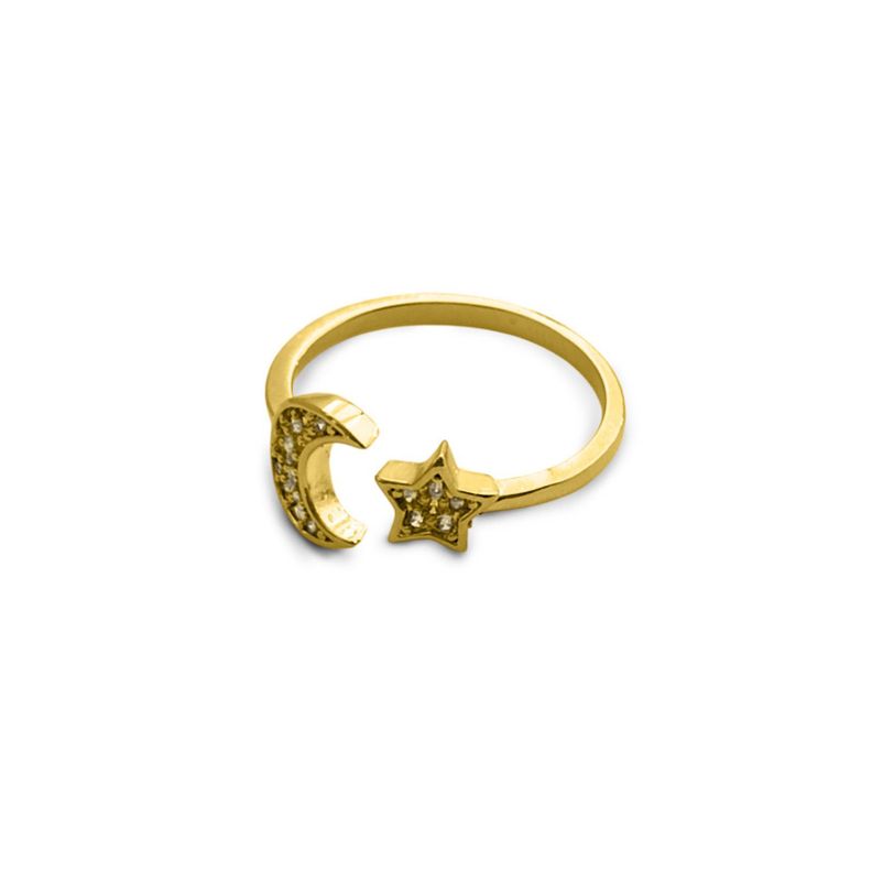 Anillo Luna Estrella Ajustable Circón Enchapado Oro 18K #19-1