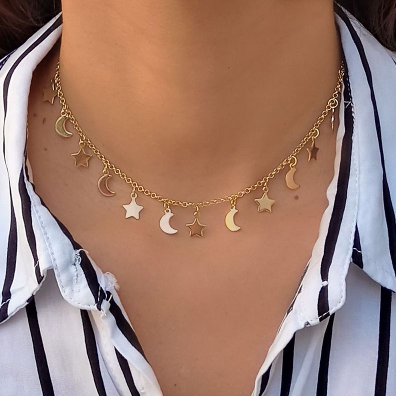Collar Choker Lunas Estrellas Enchapado Oro 18K 42cm-1