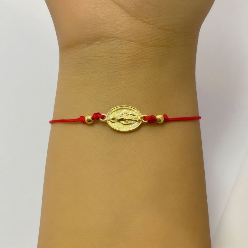 Pulsera Virgen De Los Rayos Cordón Rojo Ajustable Enchapado Oro 18K-2