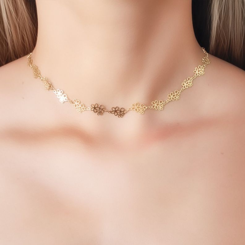 Collar Choker Doble Flor Calada Enchapado Oro 18K-1