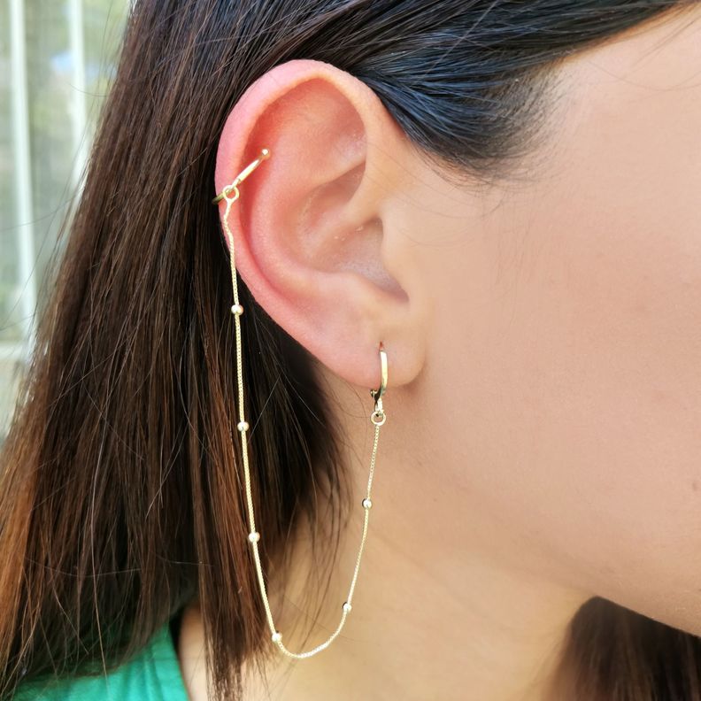 Aro Trepador Piercing Cadena Pelotitas Enchapado Oro 18K-1
