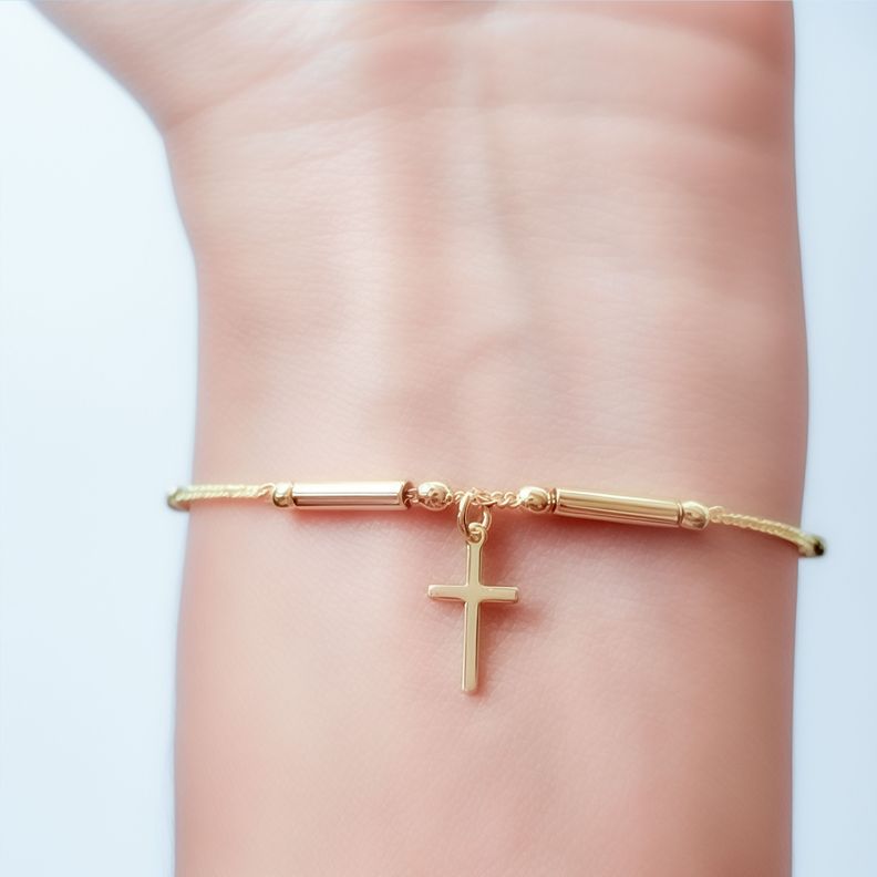Pulsera Cadena Eslabón Tubo Cruz Enchapado Oro 18k -3