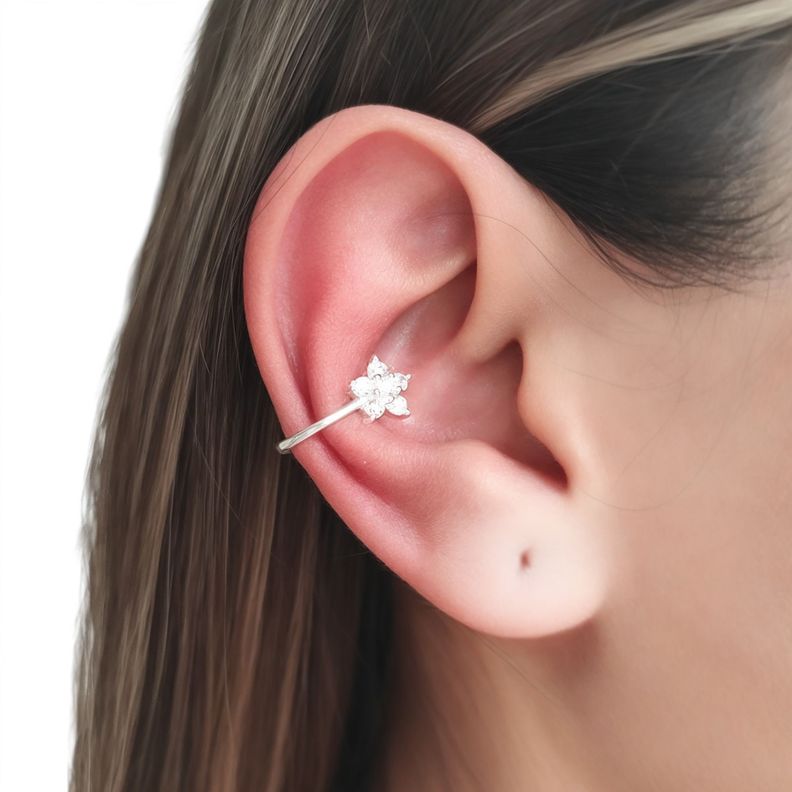Aro Ear Cuff Roseta Circón Blanco Plata Fina 925-3