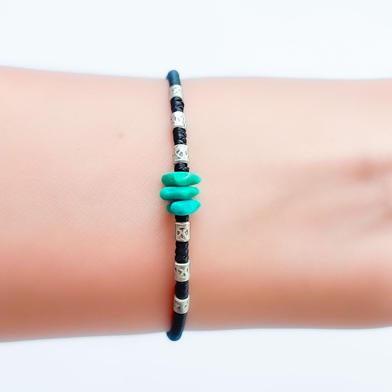 Pulsera Turquesa Cordón Negro Mostacilla Plata Fina 925-1