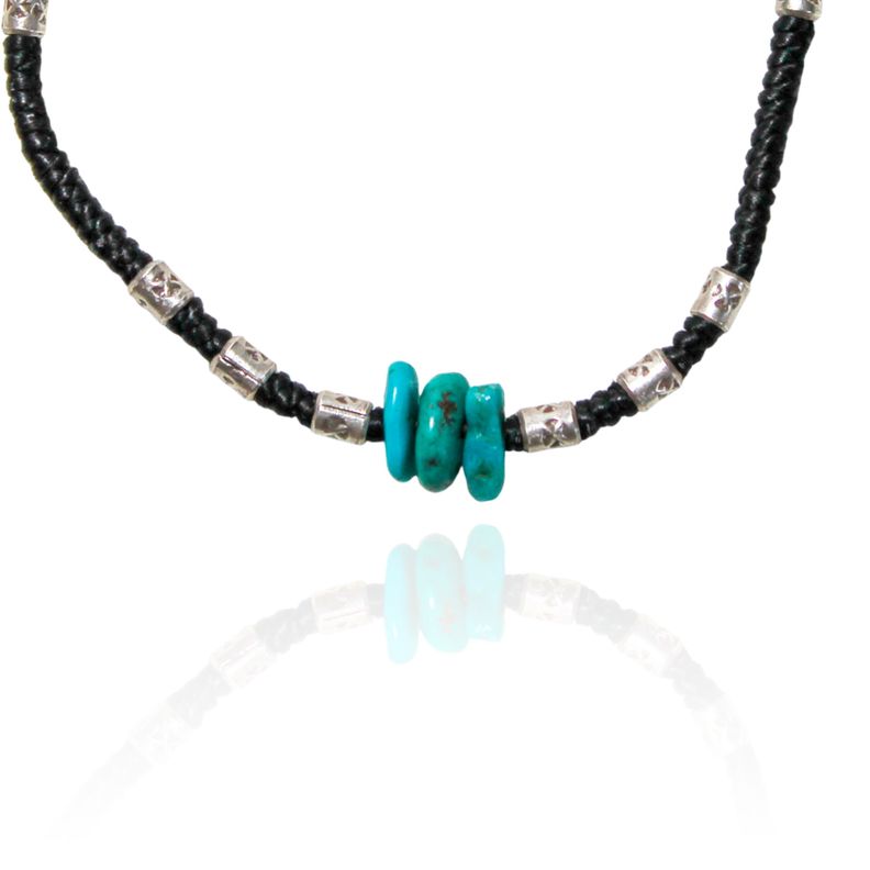 Pulsera Turquesa Cordón Negro Mostacilla Plata Fina 925-3