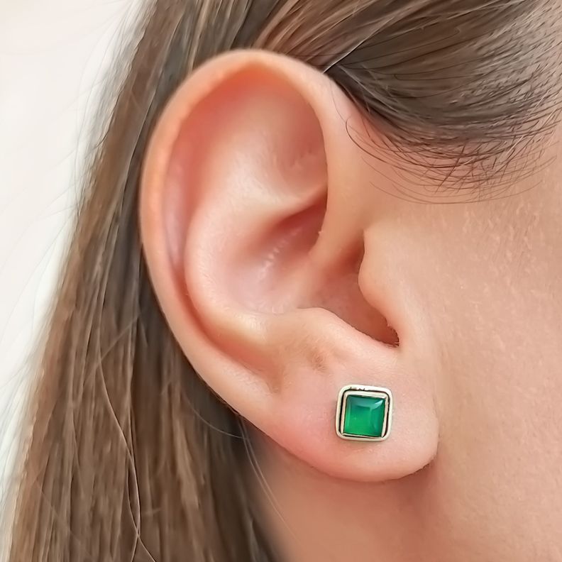 Aros Botón Cuadrado Jade Plata Fina 925-2