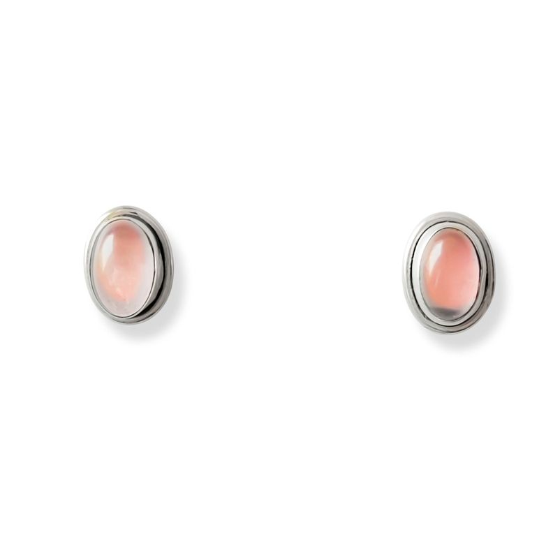 Aros Boton Ovalo Cuarzo Rosa Plata Fina 925