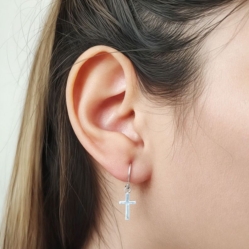 Aros Cruz Mini Colgante Gancho Plata Fina 925-3
