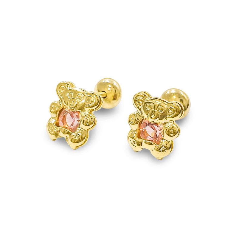 Aros Bebe Nina Oso Circon Rosado Enchapado Oro 18K Dorado