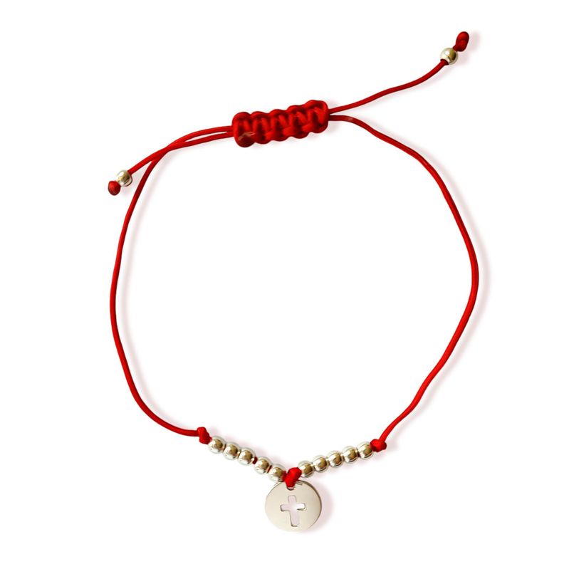 Pulsera Círculo Cruz Bolita Plata Fina 925 Cordón Rojo-0
