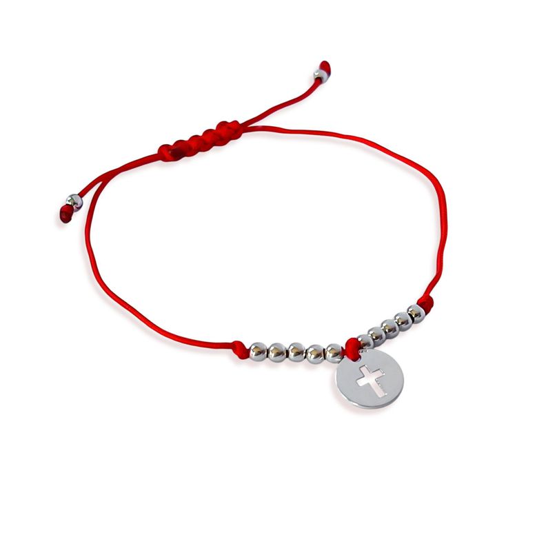 Pulsera Círculo Cruz Bolita Plata Fina 925 Cordón Rojo-1