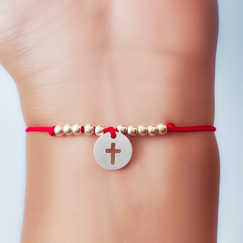 Pulsera Círculo Cruz Bolita Plata Fina 925 Cordón Rojo-2