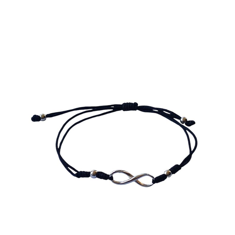 Pulsera Infinito Cordón Negro Plata Fina 925-0