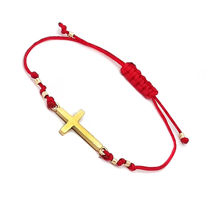 Pulsera Cruz Enchapado Oro 18K Cordón Rojo-0