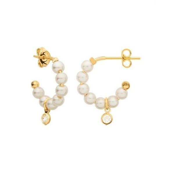 Aros Argollas Perla Sintética Circón Enchapado Oro 18K-0