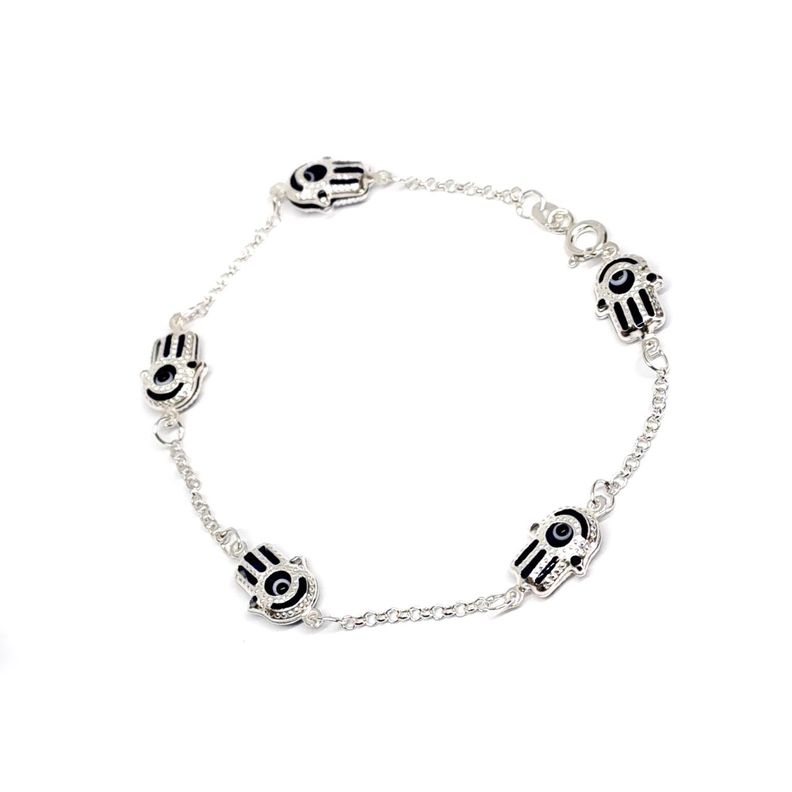 Pulsera Mano Fátima Cristal Azul Cadena Plata Fina 925-0