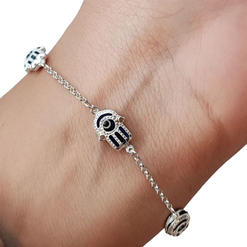 Pulsera Mano Fátima Cristal Azul Cadena Plata Fina 925-2
