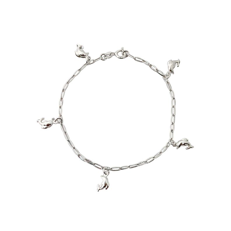 Pulsera 5 Delfines Cadena Eslabón Alargado Plata Fina 925-0