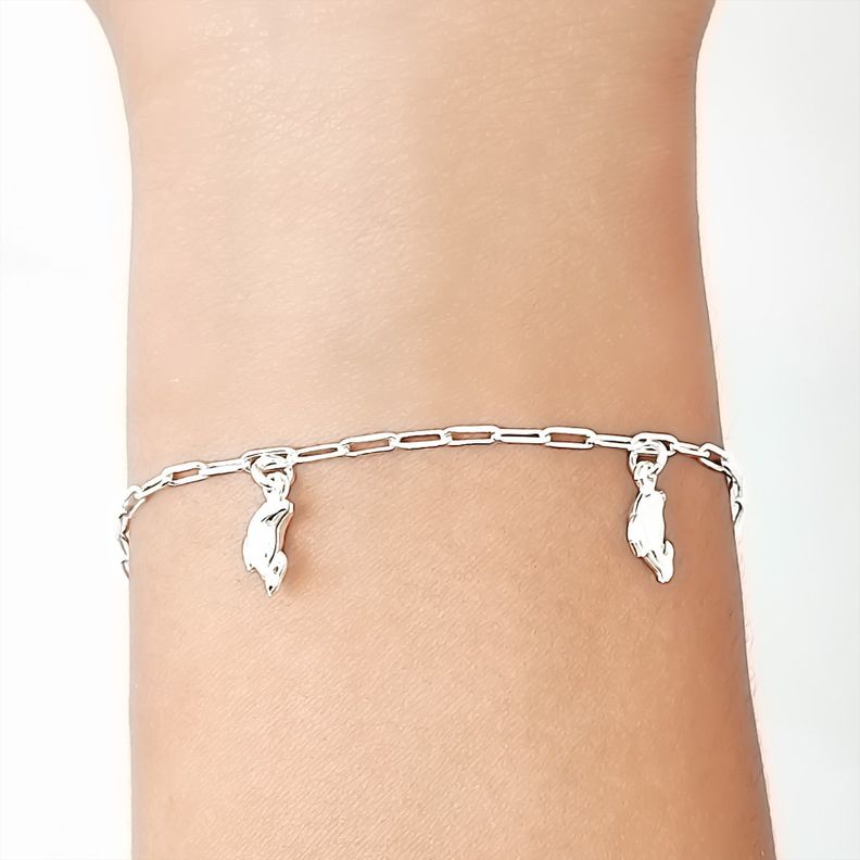 Pulsera 5 Delfines Cadena Eslabón Alargado Plata Fina 925-2