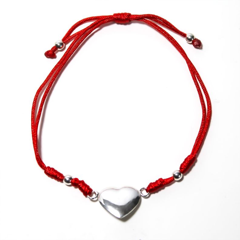 Pulsera Corazón Cóncavo Bolitas Plata Fina 925 Cordón Rojo-0