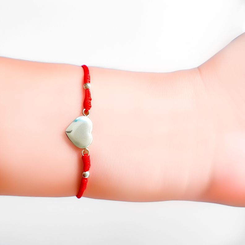 Pulsera Corazón Cóncavo Bolitas Plata Fina 925 Cordón Rojo-1