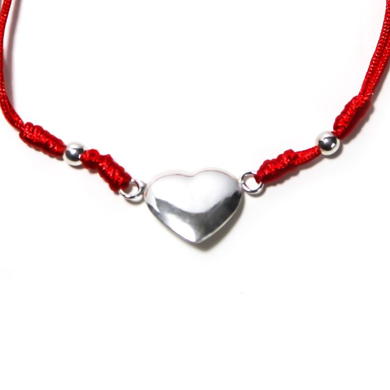 Pulsera Corazón Cóncavo Bolitas Plata Fina 925 Cordón Rojo-2