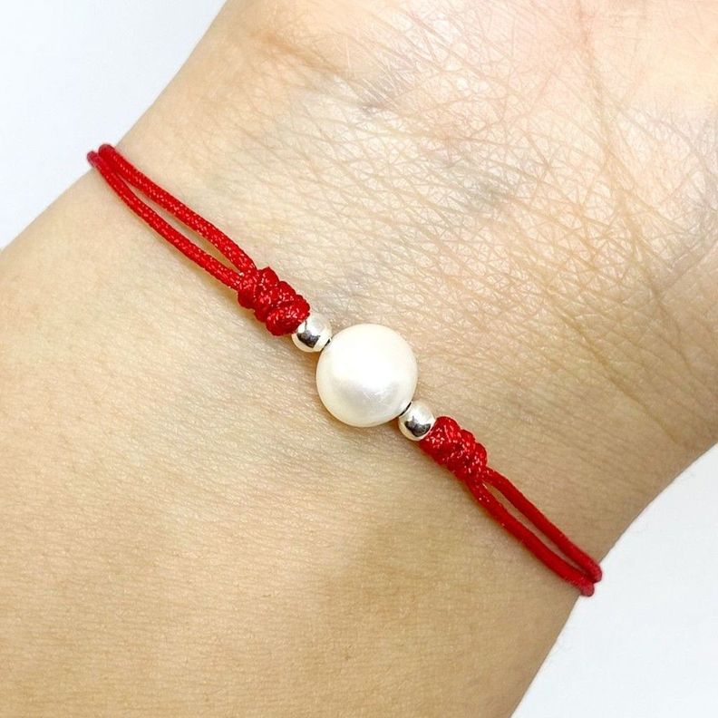 Pulsera Perla de Río Plata Fina 925 Cordón Rojo-1