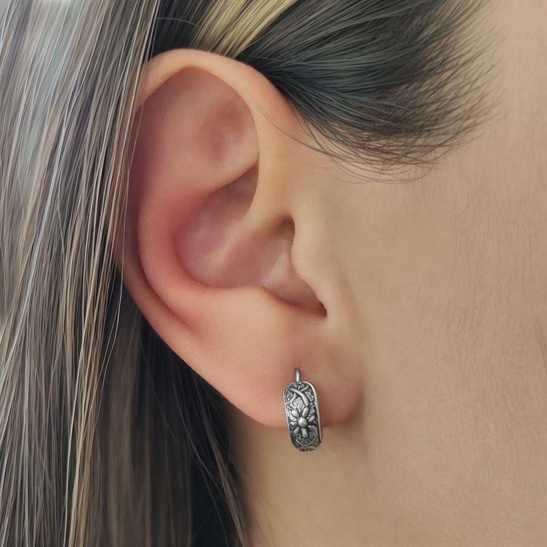 Aros Argolla Flores Envejecida Plata Fina 925-1